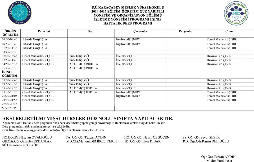 Matematik(T)HO 11:45-12:30 13:00-13:45 Genel Muhasebe-I(T)GE Türk Dili(T)SÖ İşletme-I(T)GE Hukuka Giriş(T)SS 13:55-14:40 Genel Muhasebe-I(T)GE Türk Dili(T)SÖ İşletme-I(T)GE Hukuka Giriş(T)SS