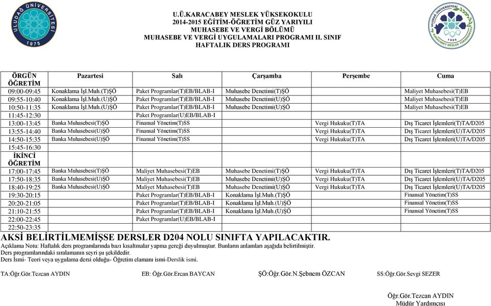 Muh.(U)ŞÖ Paket Programlar(T)EB/BLAB-I Muhasebe Denetimi(U)ŞÖ Maliyet Muhasebesi(T)EB 11:45-12:30 Paket Programlar(U)EB/BLAB-I 13:00-13:45 Banka Muhasebesi(T)ŞÖ Finansal Yönetim(T)SS Vergi