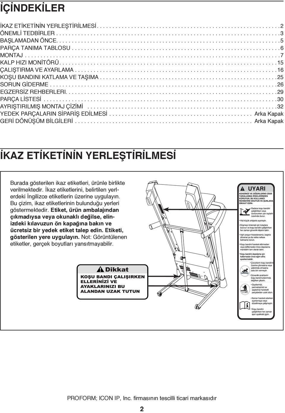 .....................................................................15 ÇALIŞTIRMA VE AYARLAMA................................................................. 1 KOŞU BANDINI KATLAMA VE TAŞIMA.