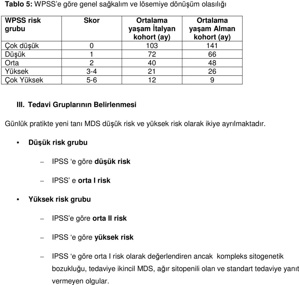 Tedavi Gruplarının Belirlenmesi Günlük pratikte yeni tanı MDS düşük risk ve yüksek risk olarak ikiye ayrılmaktadır.