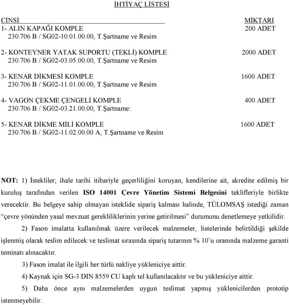 Şartname ve Resim NOT: 1) İstekliler; ihale tarihi itibariyle geçerliliğini koruyan, kendilerine ait, akredite edilmiş bir kuruluş tarafından verilen ISO 14001 Çevre Yönetim Sistemi Belgesini