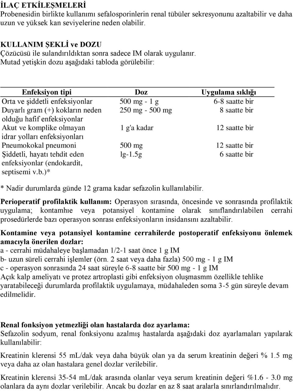 Mutad yetiģkin dozu aģağıdaki tabloda görülebilir: Enfeksiyon tipi Doz Uygulama sıklığı Orta ve Ģiddetli enfeksiyonlar 500 mg - 1 g 6-8 saatte bir Duyarlı gram (+) kokların neden 250 mg - 500 mg 8