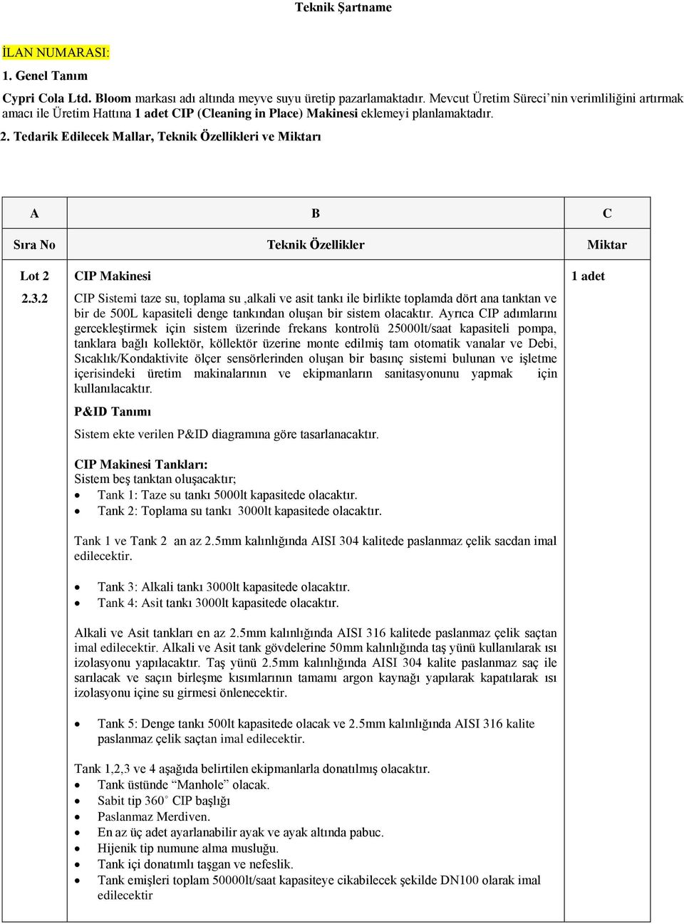 Tedarik Edilecek Mallar, Teknik Özellikleri ve Miktarı A B C Sıra No Teknik Özellikler Miktar Lot 2 2.3.