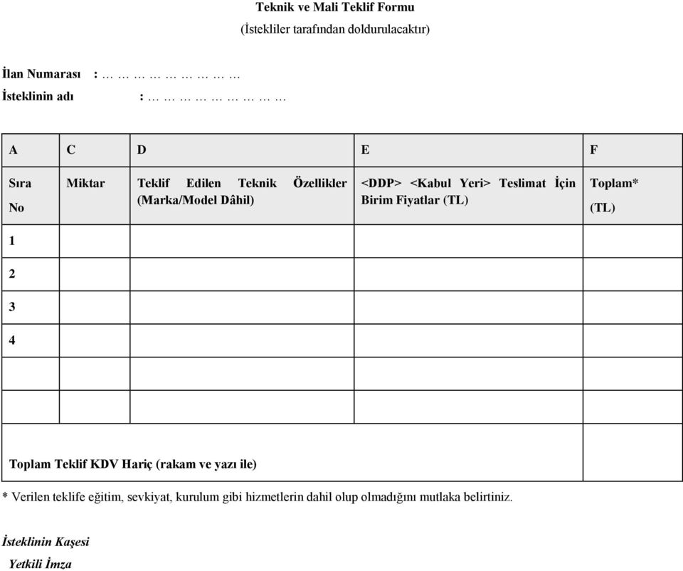 Birim Fiyatlar (TL) Toplam* (TL) 1 2 3 4 Toplam Teklif KDV Hariç (rakam ve yazı ile) * Verilen teklife