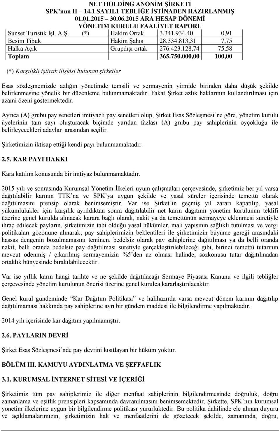 bulunmamaktadır. Fakat Şirket azlık haklarının kullandırılması için azami özeni göstermektedir.