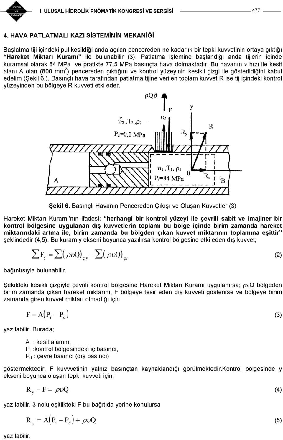 Bu havanın ν hızı ile kesit alanı A olan (800 mm 2 ) pencereden çıktığını ve kontrol yüzeyinin kesikli çizgi ile gösterildiğini kabul edelim (Şekil 6.). Basınçlı hava tarafından patlatma tijine verilen toplam kuvvet R ise tij içindeki kontrol yüzeyinden bu bölgeye R kuvveti etki eder.