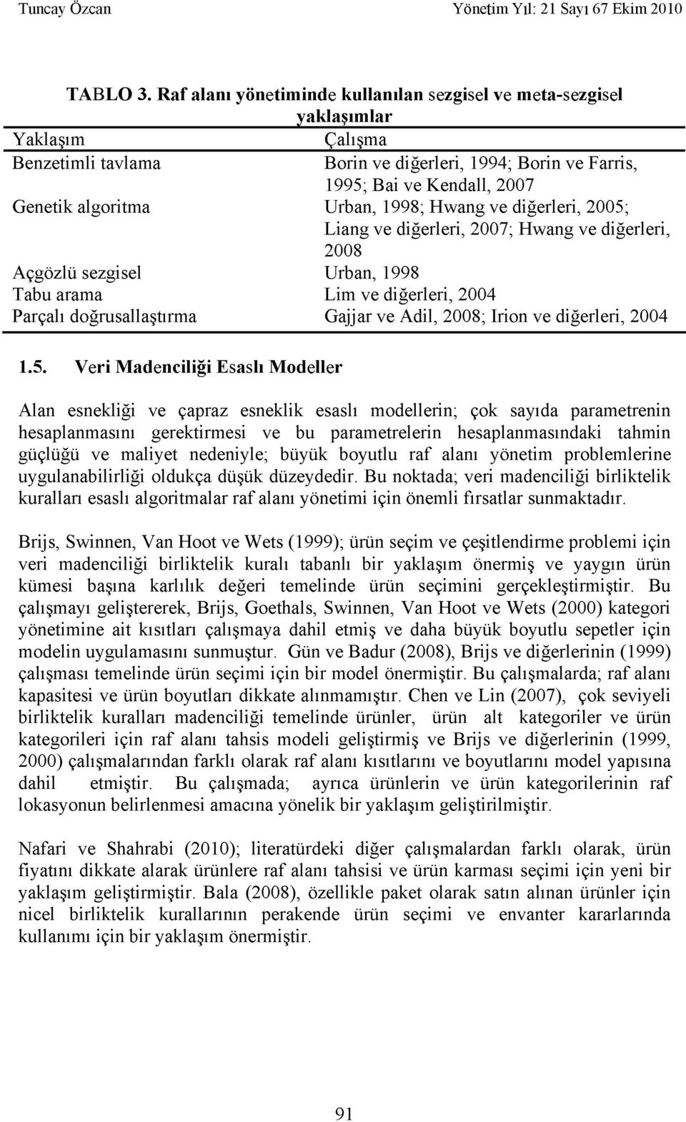 1998; Hwang ve diğerleri, 2005; Liang ve diğerleri, 2007; Hwang ve diğerleri, 2008 Açgözlü sezgisel Urban, 1998 Tabu arama Lim ve diğerleri, 2004 Parçalı doğrusallaştırma Gajjar ve Adil, 2008; Irion