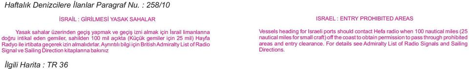 gemiler için 25 mil) Hayfa Radyo ile irtibata geçerek izin almalıdırlar.