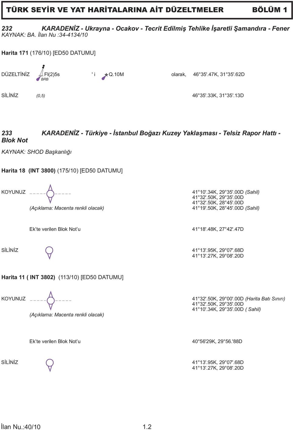 13D 233 KARADENİZ - Türkiye - İstanbul Boğazı Kuzey Yaklaşması - Telsiz Rapor Hattı - Blok Not KAYNAK: SHOD Başkanlığı Harita 18 (INT 3800) (175/10) [ED50 DATUMU] KOYUNUZ (Açıklama: Macenta renkli