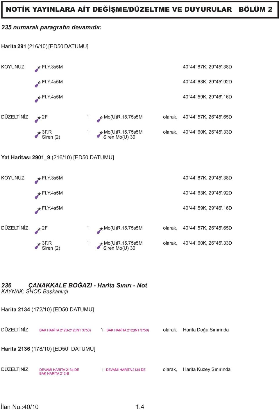 33D Siren (2) Siren Mo(U) 30 Yat Haritası 2901_9 (216/10) [ED50 DATUMU] KOYUNUZ Fl.Y.3s5M 40 44'.87K, 29 45'.38D Fl.Y.4s5M 40 44'.63K, 29 45'.