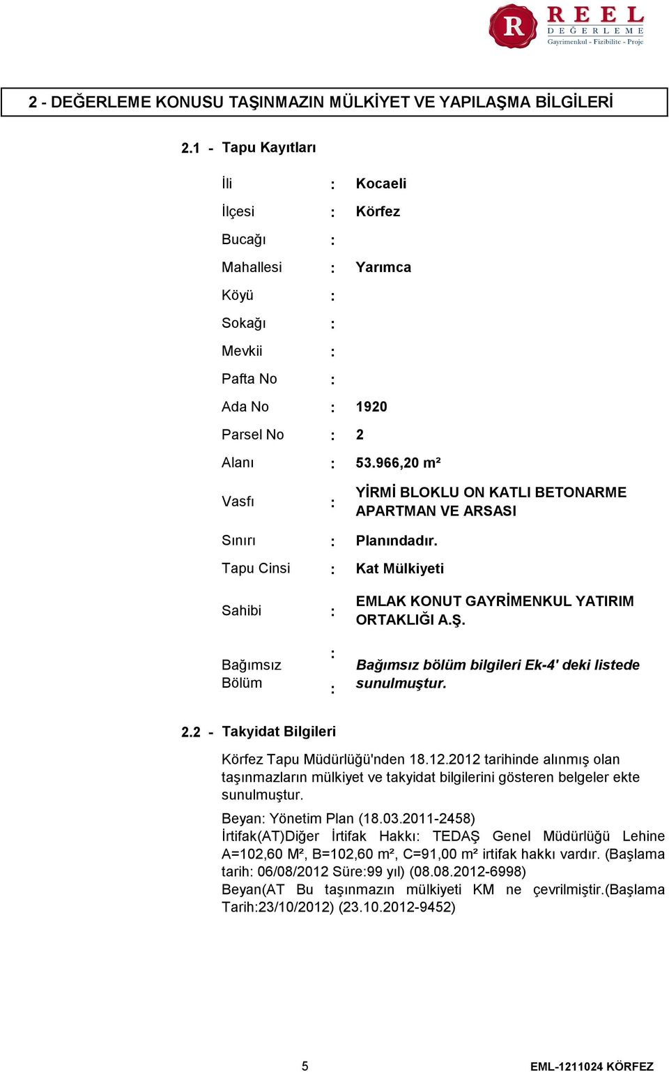 966,20 m² YİRMİ BLOKLU ON KATLI BETONARME APARTMAN VE ARSASI Planındadır. Kat Mülkiyeti EMLAK KONUT GAYRİMENKUL YATIRIM ORTAKLIĞI A.Ş. Bağımsız bölüm bilgileri Ek4' deki listede sunulmuştur. 2.