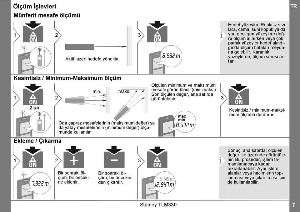 Karanlık yüzeylerde, ölçüm süresi artar. Kesintisiz / Minimum-Maksimum ölçüm sn Ekleme / Çıkarma 7.33 m min. maks.