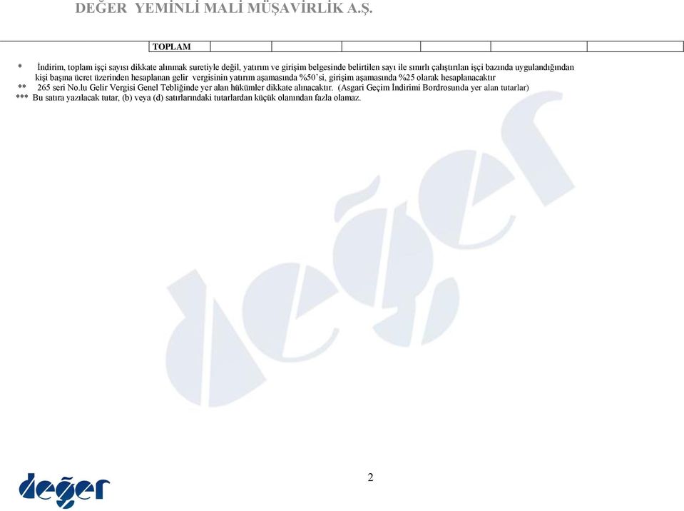 aşamasında %25 olarak hesaplanacaktır ** 265 seri No.lu Gelir Vergisi Genel Tebliğinde yer alan hükümler dikkate alınacaktır.