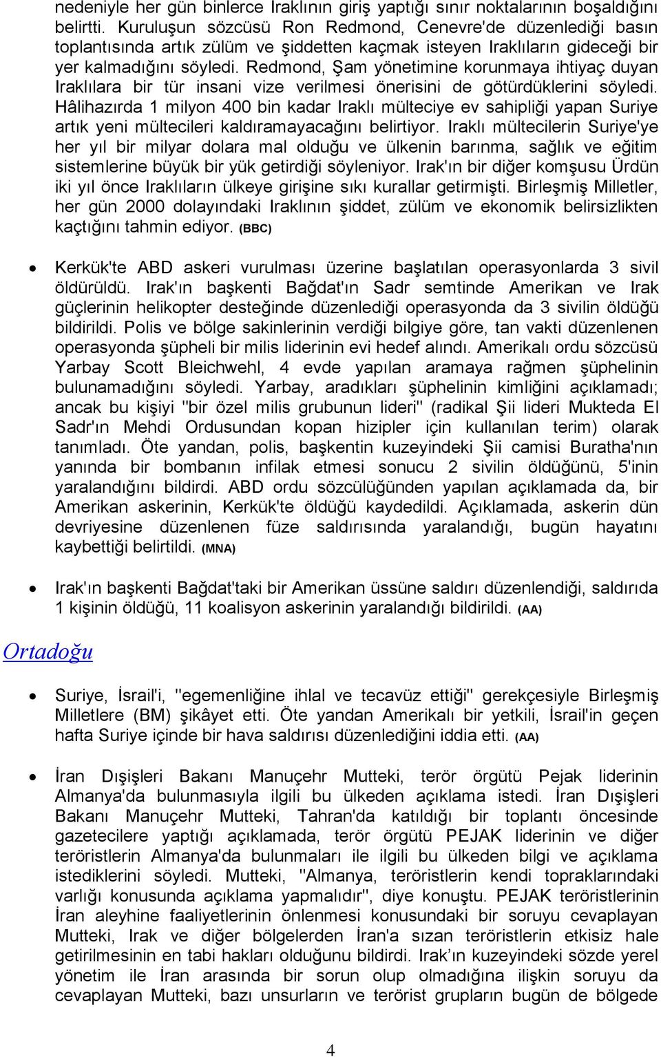 Redmond, Şam yönetimine korunmaya ihtiyaç duyan Iraklılara bir tür insani vize verilmesi önerisini de götürdüklerini söyledi.