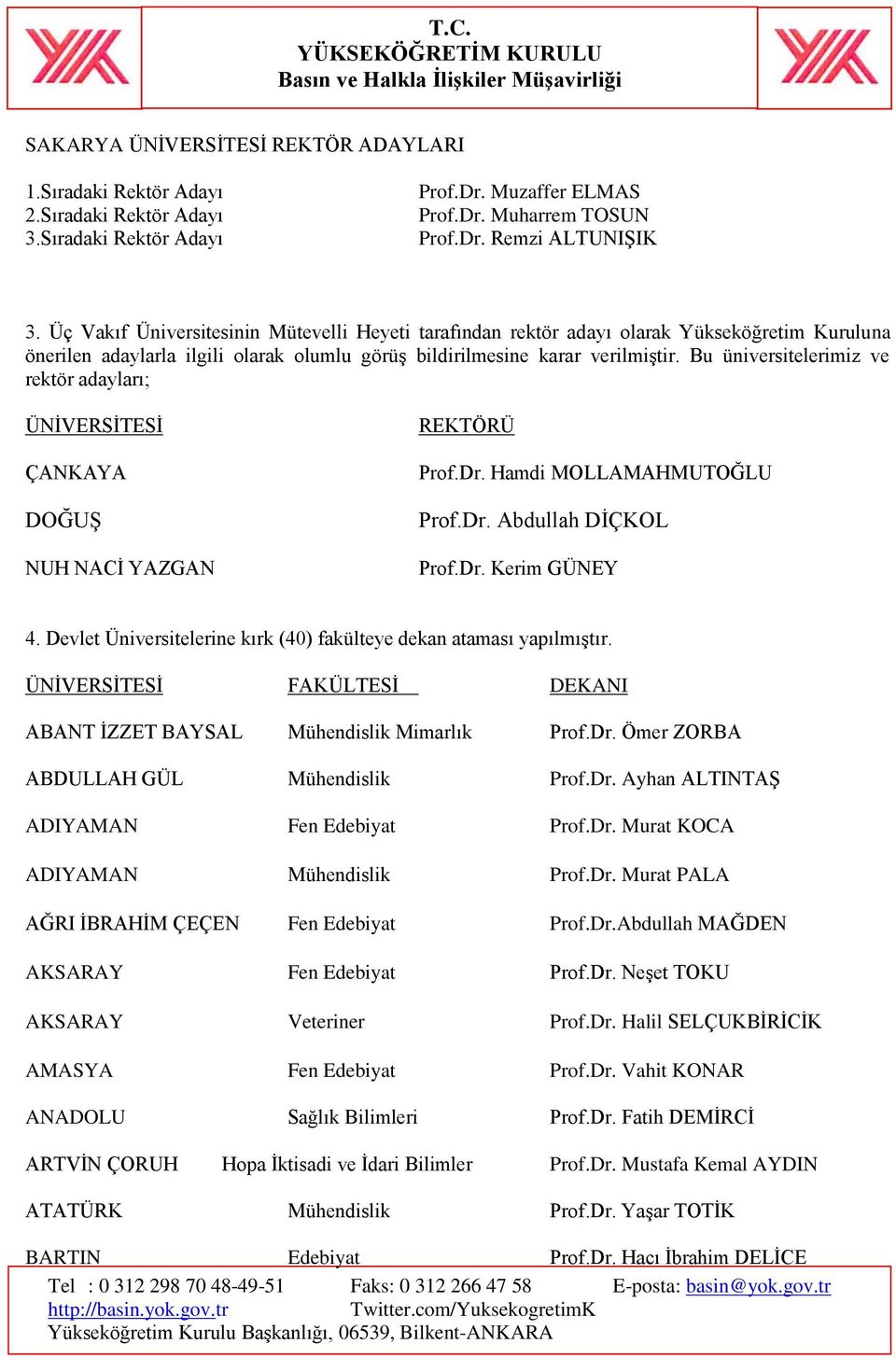 Bu üniversitelerimiz ve rektör adayları; ÜNİVERSİTESİ ÇANKAYA DOĞUŞ NUH NACİ YAZGAN REKTÖRÜ Prof.Dr. Hamdi MOLLAMAHMUTOĞLU Prof.Dr. Abdullah DİÇKOL Prof.Dr. Kerim GÜNEY 4.