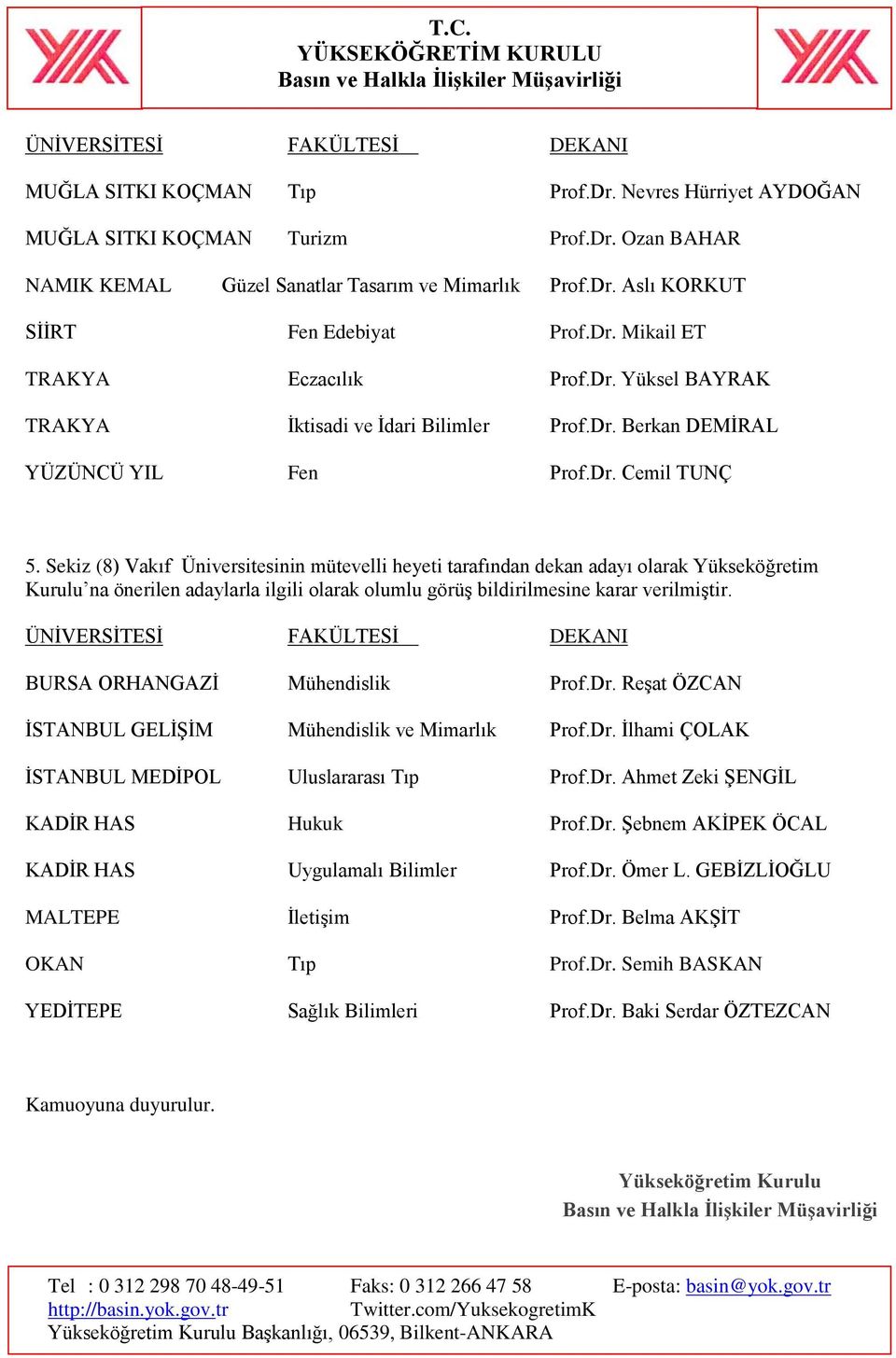 Sekiz (8) Vakıf Üniversitesinin mütevelli heyeti tarafından dekan adayı olarak Yükseköğretim Kurulu na önerilen adaylarla ilgili olarak olumlu görüş bildirilmesine karar verilmiştir.