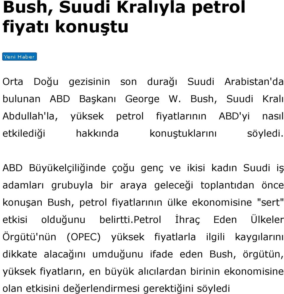 ABD Büyükelçiliğinde çoğu genç ve ikisi kadın Suudi iş adamları grubuyla bir araya geleceği toplantıdan önce konuşan Bush, petrol fiyatlarının ülke ekonomisine "sert"