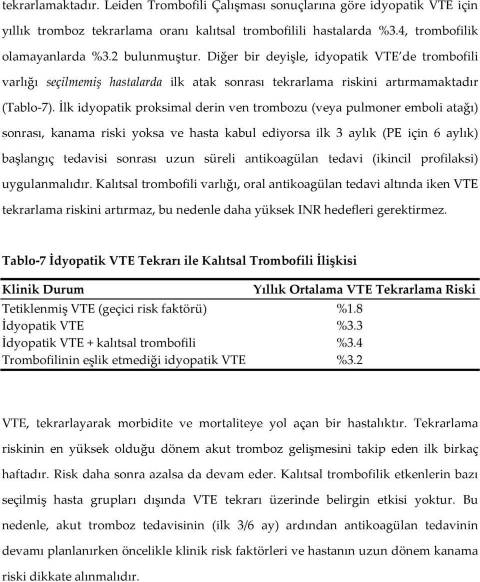 İlk idyopatik proksimal derin ven trombozu (veya pulmoner emboli atağı) sonrası, kanama riski yoksa ve hasta kabul ediyorsa ilk 3 aylık (PE için 6 aylık) başlangıç tedavisi sonrası uzun süreli