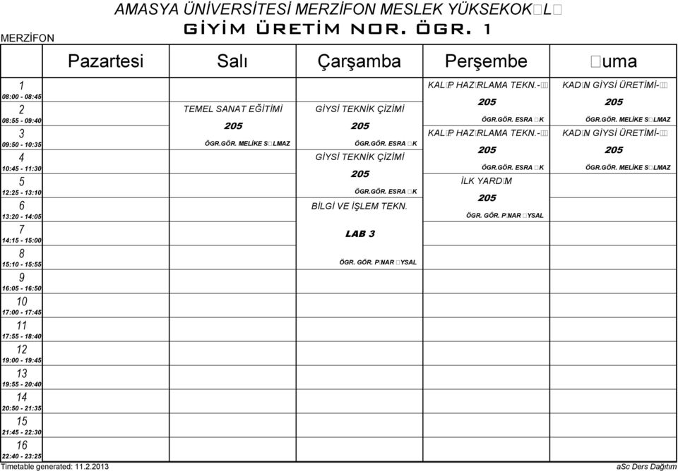 GÖR. PINAR UYSAL KALIP HAZIRLAMA TEKN.- I 0 ÖGR.GÖR. ESRA OK KALIP HAZIRLAMA TEKN.- I 0 ÖGR.GÖR. ESRA OK İLK YARDIM 0 ÖGR.