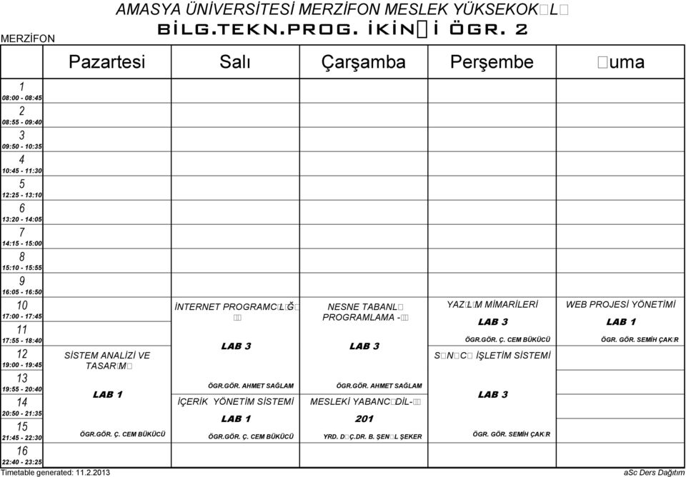 GÖR. AHMET SAĞLAM MESLEKİ YABANCIDİL- I YRD. DOÇ.DR. B. ŞENOL ŞEKER YAZILIM MİMARİLERİ LAB ÖGR.GÖR. Ç.