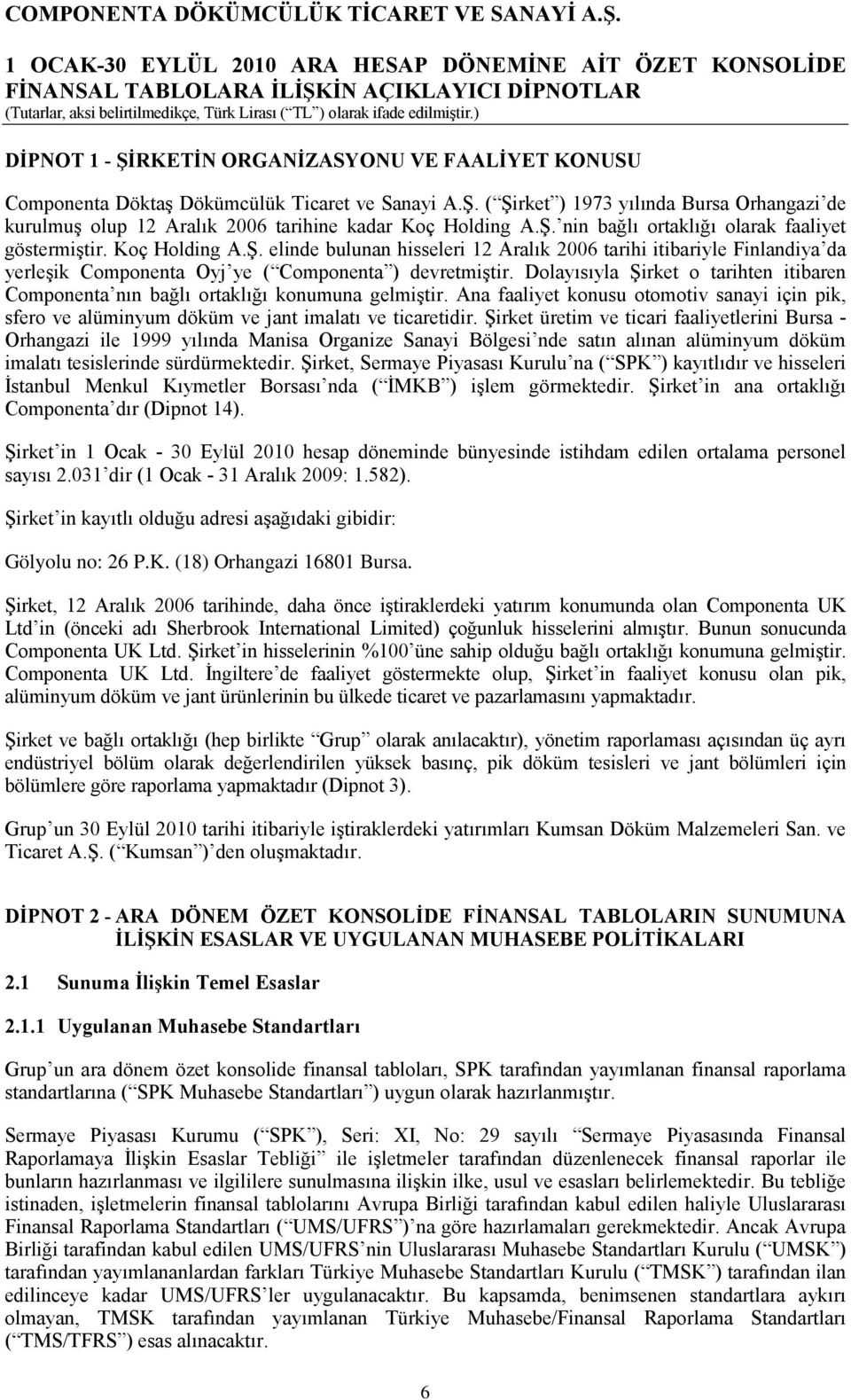 Dolayısıyla Şirket o tarihten itibaren Componenta nın bağlı ortaklığı konumuna gelmiştir. Ana faaliyet konusu otomotiv sanayi için pik, sfero ve alüminyum döküm ve jant imalatı ve ticaretidir.