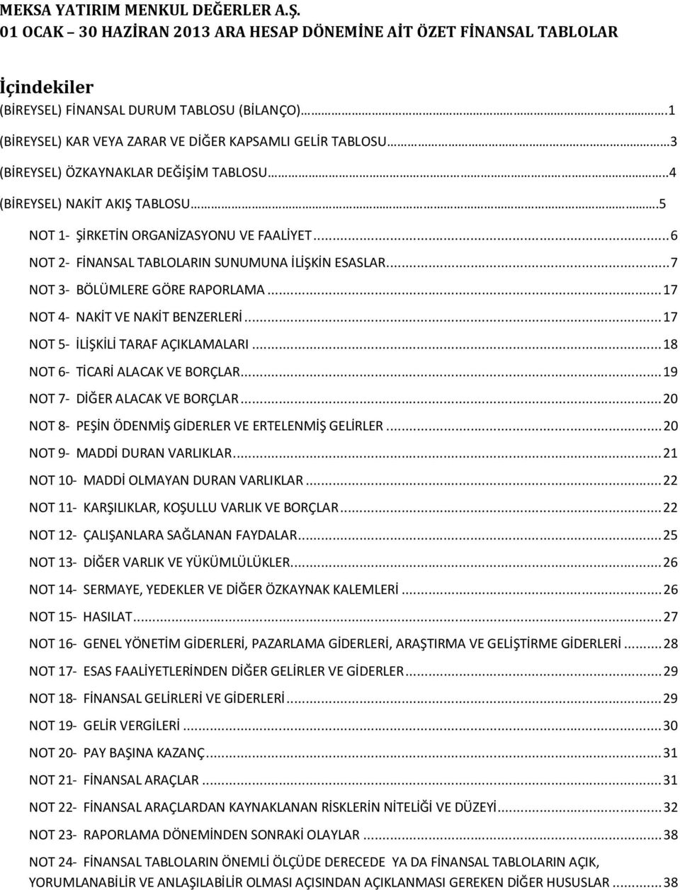 .. 6 NOT 2- FİNANSAL TABLOLARIN SUNUMUNA İLİŞKİN ESASLAR... 7 NOT 3- BÖLÜMLERE GÖRE RAPORLAMA... 17 NOT 4- NAKİT VE NAKİT BENZERLERİ... 17 NOT 5- İLİŞKİLİ TARAF AÇIKLAMALARI.