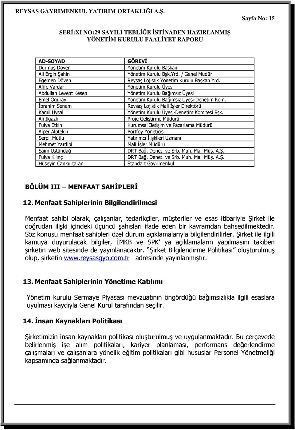 Yönetim Kurulu Üyesi Yönetim Kurulu Bağımsız Üyesi Yönetim Kurulu Bağımsız Üyesi-Denetim Kom. Reysaş Lojistik Mali Đşler Direktörü Yönetim Kurulu Üyesi-Denetim Komitesi Bşk.