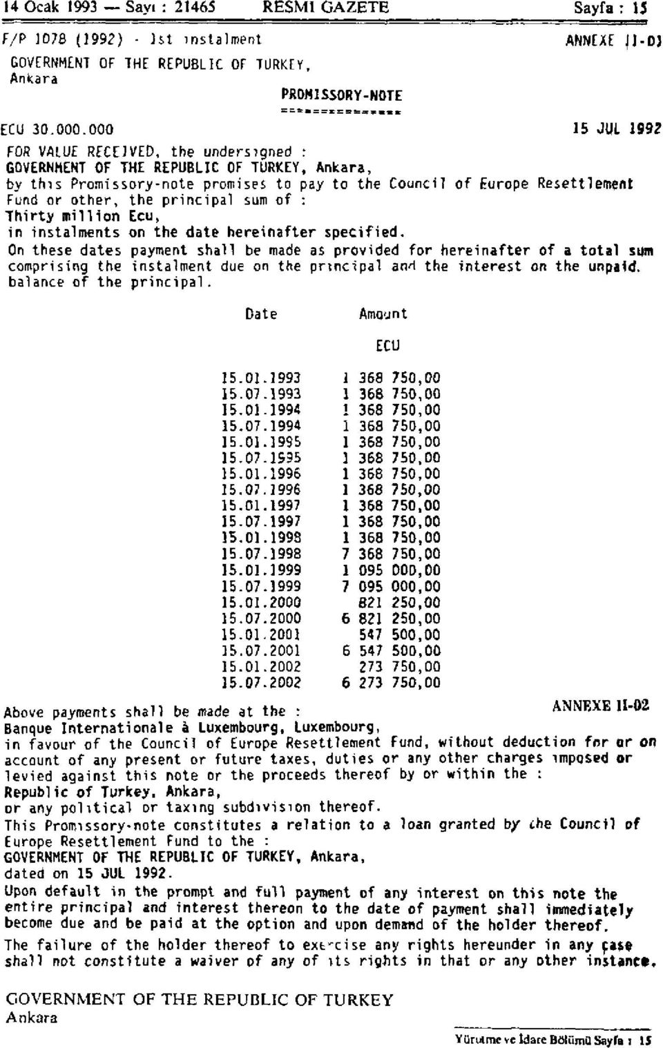 principal sum of : Thirty million Ecu, in instalments on the date hereinafter specified.