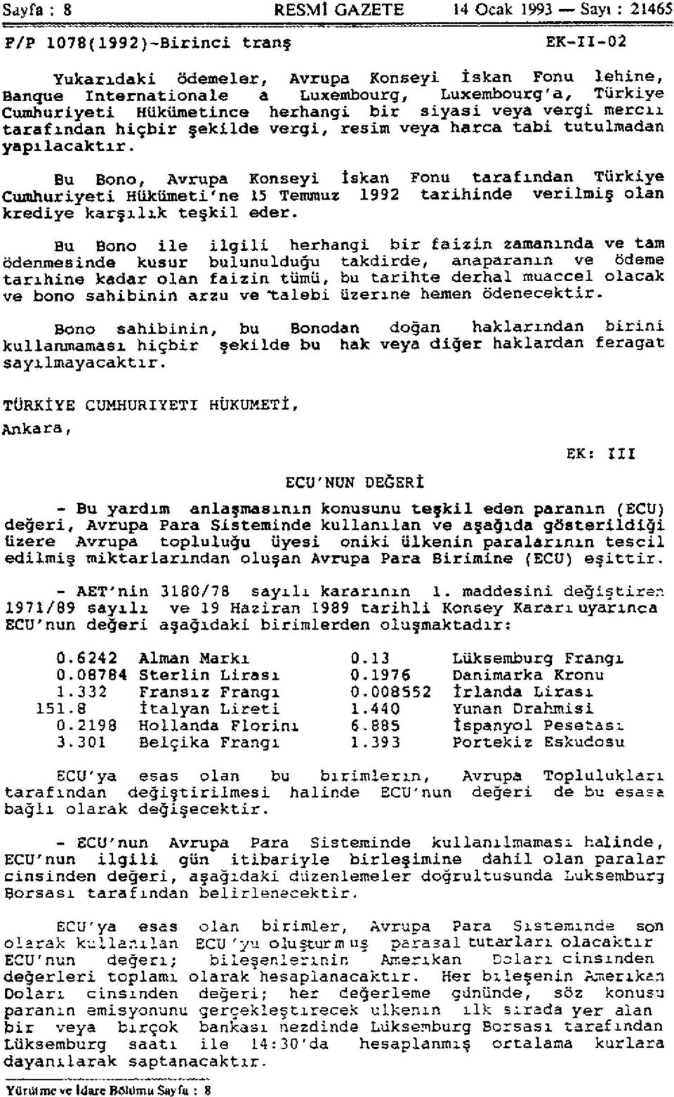 Bu Bono, Avrupa Konseyi İskan Fonu tarafından Türkiye Cumhuriyeti Hükümeti'ne 15 Temmuz 1992 tarihinde verilmiş olan krediye karşılık teşkil eder.