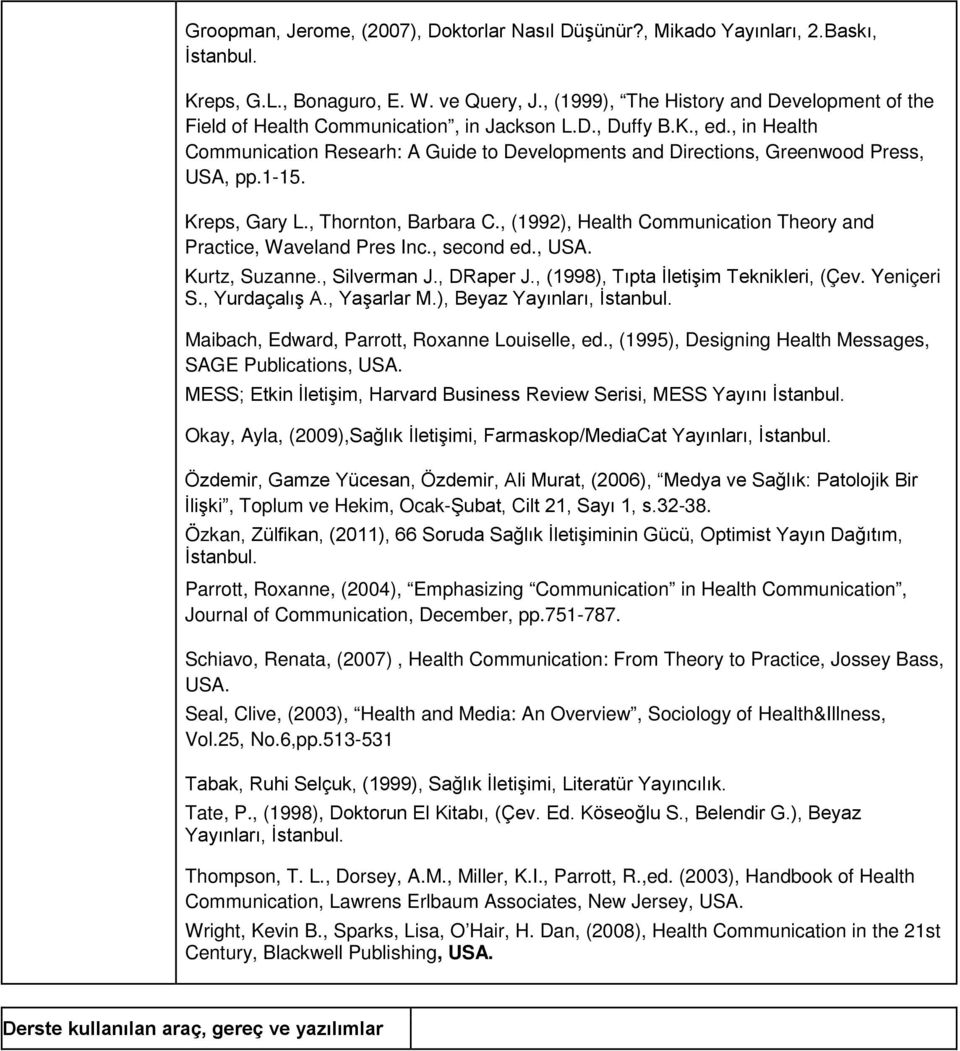 , in Health Communication Researh: A Guide to Developments and Directions, Greenwood Press, USA, pp.1-15. Kreps, Gary L., Thornton, Barbara C.