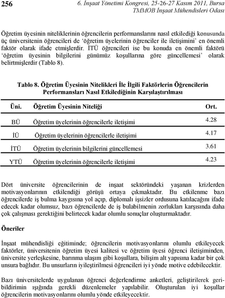 ĠTÜ öğrencileri ise bu konuda en önemli faktörü öğretim üyesinin bilgilerini günümüz koģullarına göre güncellemesi olarak belirtmiģlerdir (Tablo ). Tablo.