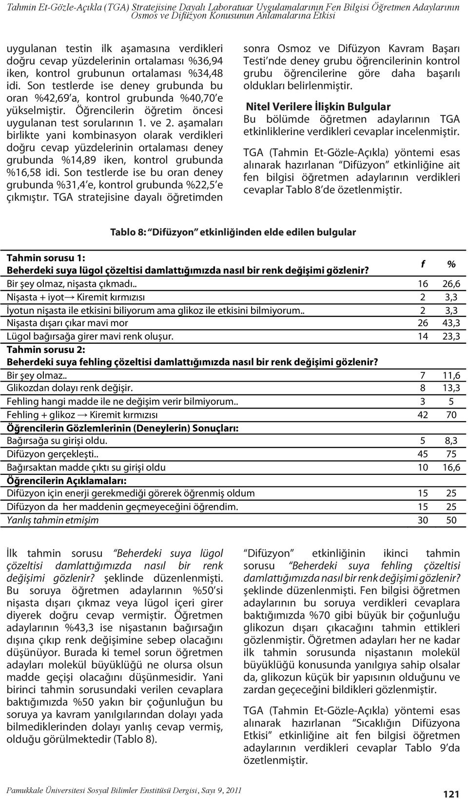 aşamaları birlikte yani kombinasyon olarak verdikleri doğru cevap yüzdelerinin ortalaması deney grubunda %14,89 iken, kontrol grubunda %16,58 idi.