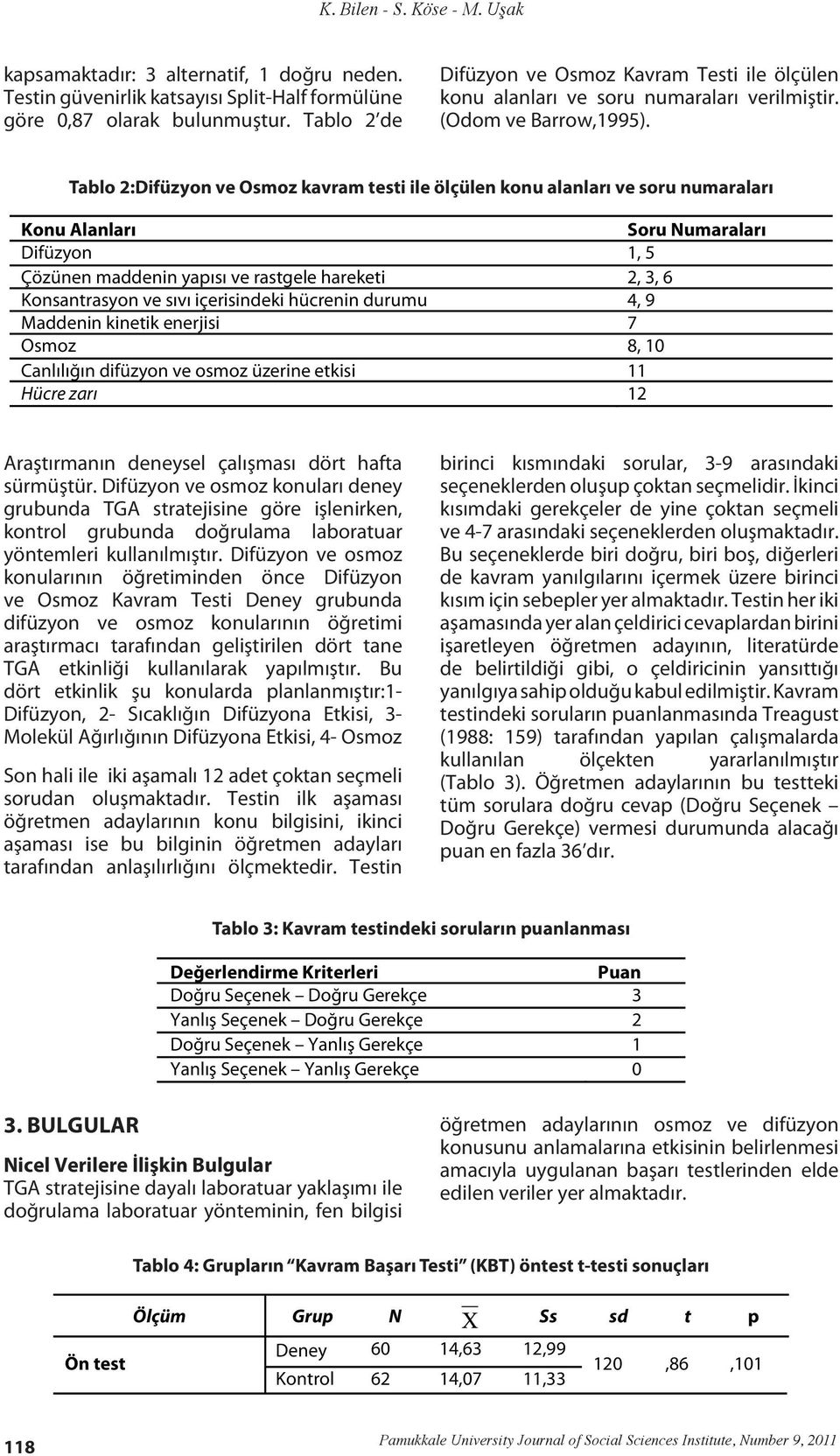 Tablo 2:Difüzyon ve Osmoz kavram testi ile ölçülen konu alanları ve soru numaraları Konu Alanları Soru Numaraları Difüzyon 1, 5 Çözünen maddenin yapısı ve rastgele hareketi 2, 3, 6 Konsantrasyon ve