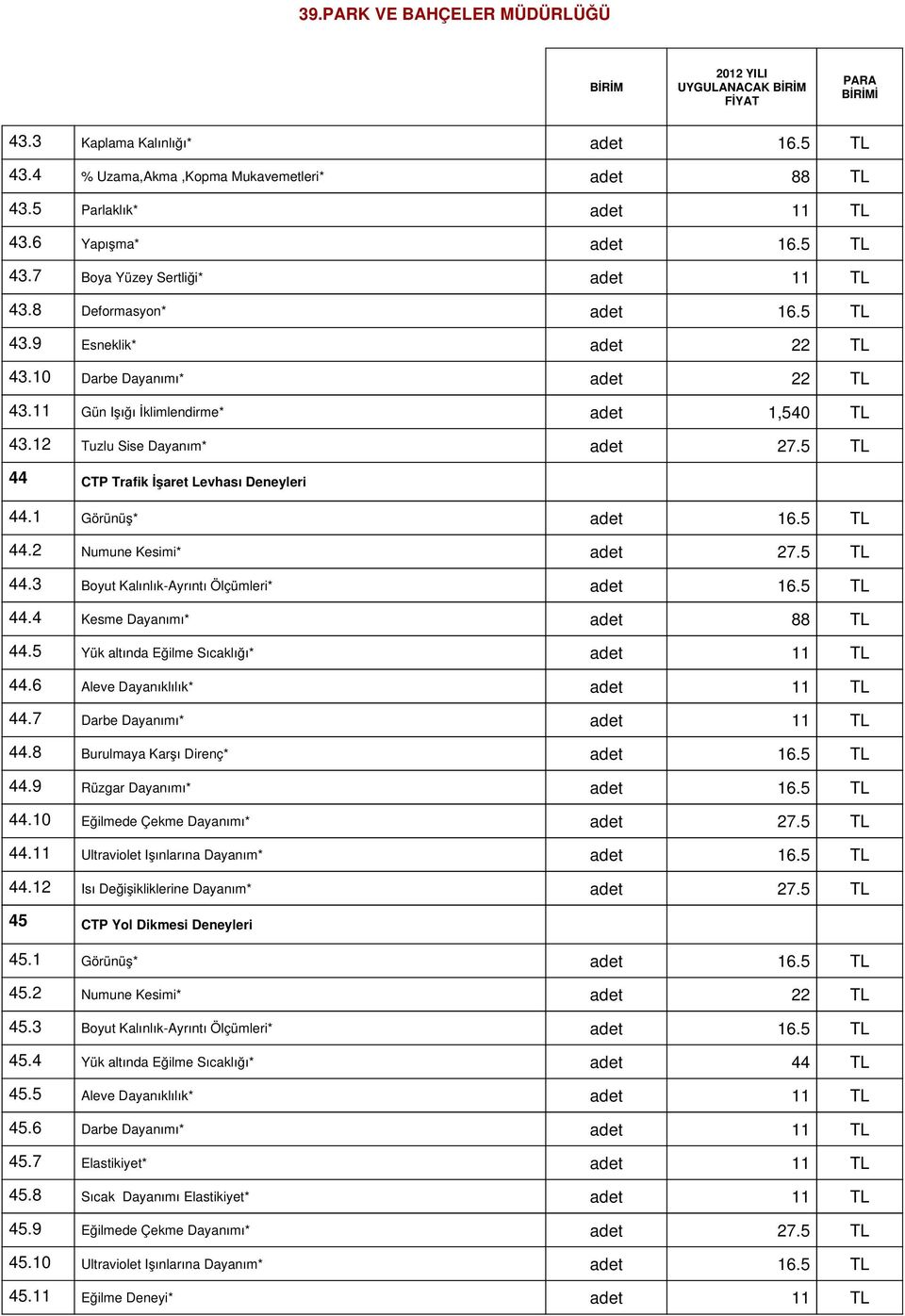 3 Boyut Kalınlık-Ayrıntı Ölçümleri* adet 44.4 Kesme Dayanımı* adet 44.5 Yük altında Eğilme Sıcaklığı* adet 44.6 Aleve Dayanıklılık* adet 44.7 Darbe Dayanımı* adet 44.8 Burulmaya Karşı Direnç* adet 44.