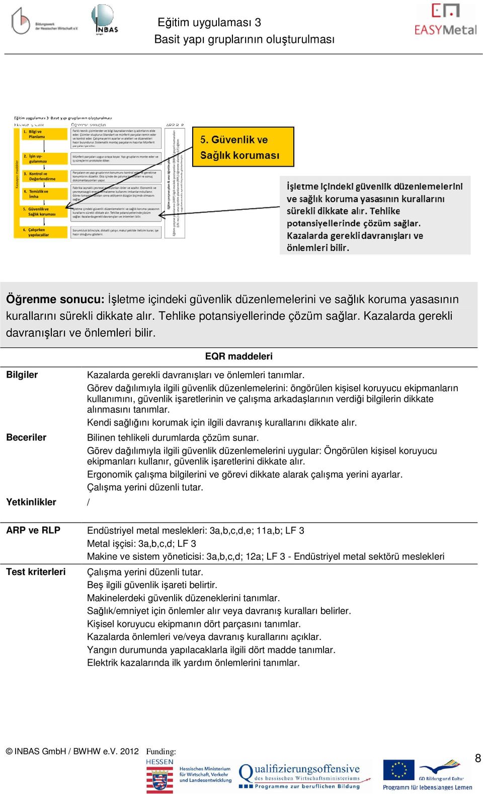 Görev dağılımıyla ilgili güvenlik düzenlemelerini: öngörülen kişisel koruyucu ekipmanların kullanımını, güvenlik işaretlerinin ve çalışma arkadaşlarının verdiği bilgilerin dikkate alınmasını tanımlar.