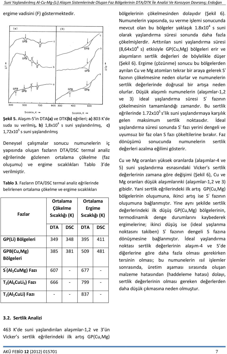 fazların DTA/DSC termal analiz eğrilerinde gözlenen ortalama çökelme (faz oluşumu) ve ergime sıcaklıkları Tablo 3 