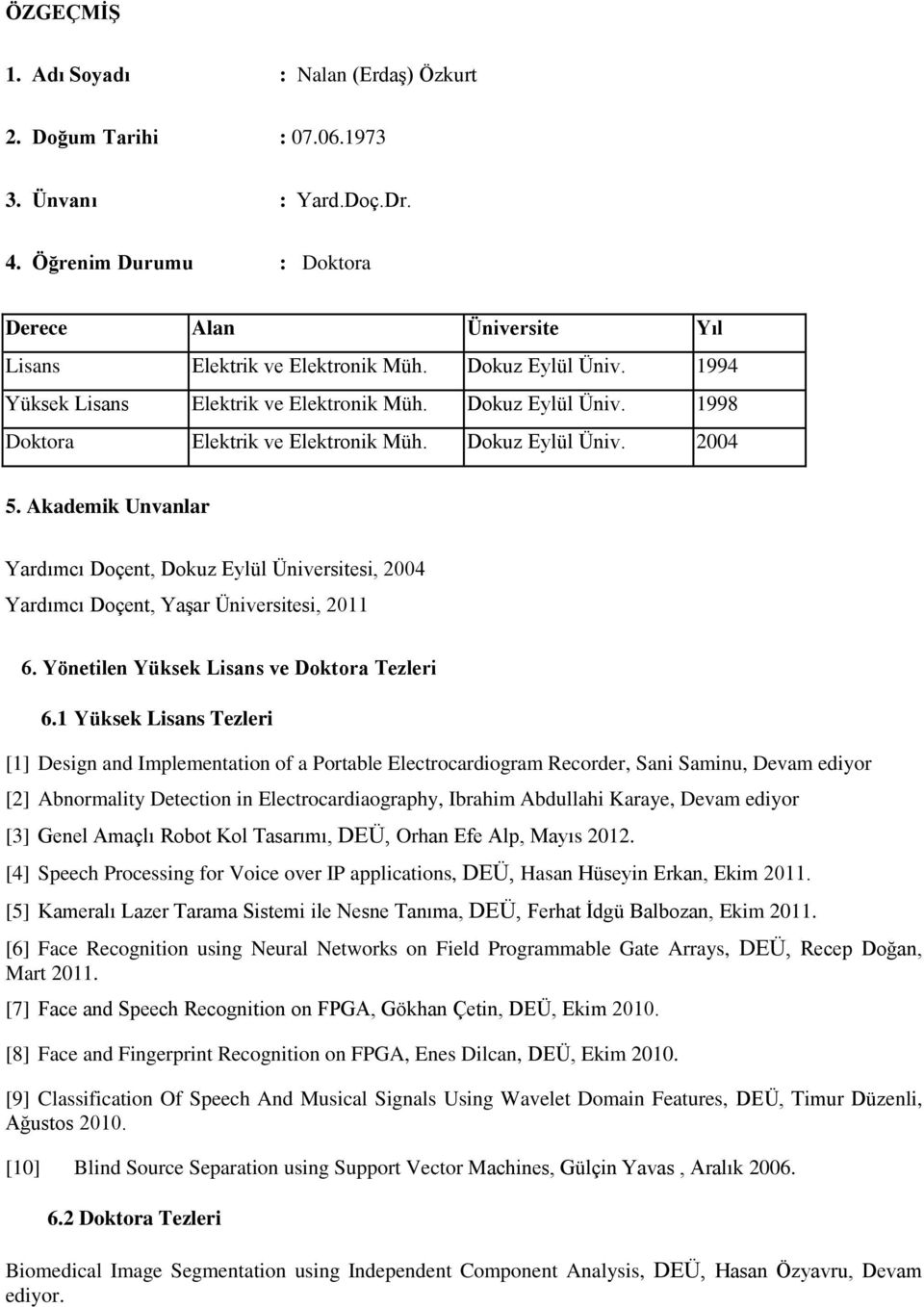 Akademik Unvanlar Yardımcı Dçent, Dkuz Eylül Üniversitesi, 2004 Yardımcı Dçent, Yaşar Üniversitesi, 2011 6. Yönetilen Yüksek Lisans ve Dktra Tezleri 6.