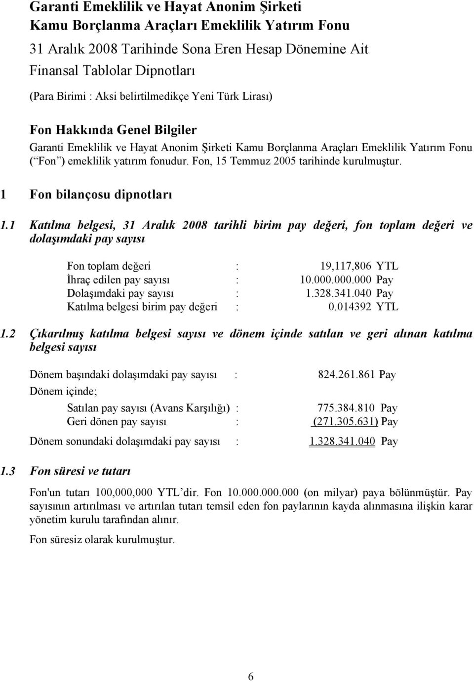 Fon, 15 Temmuz 2005 tarihinde kurulmuştur. 1 Fon bilançosu dipnotları 1.