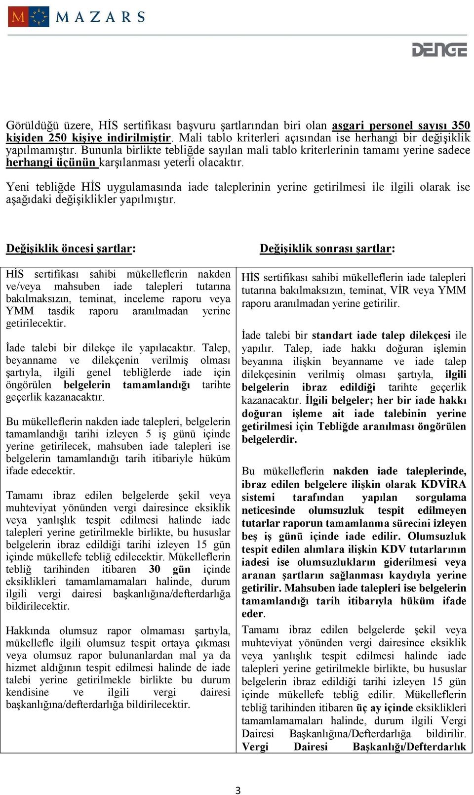 Yeni tebliğde HİS uygulamasında iade taleplerinin yerine getirilmesi ile ilgili olarak ise aşağıdaki değişiklikler yapılmıştır.