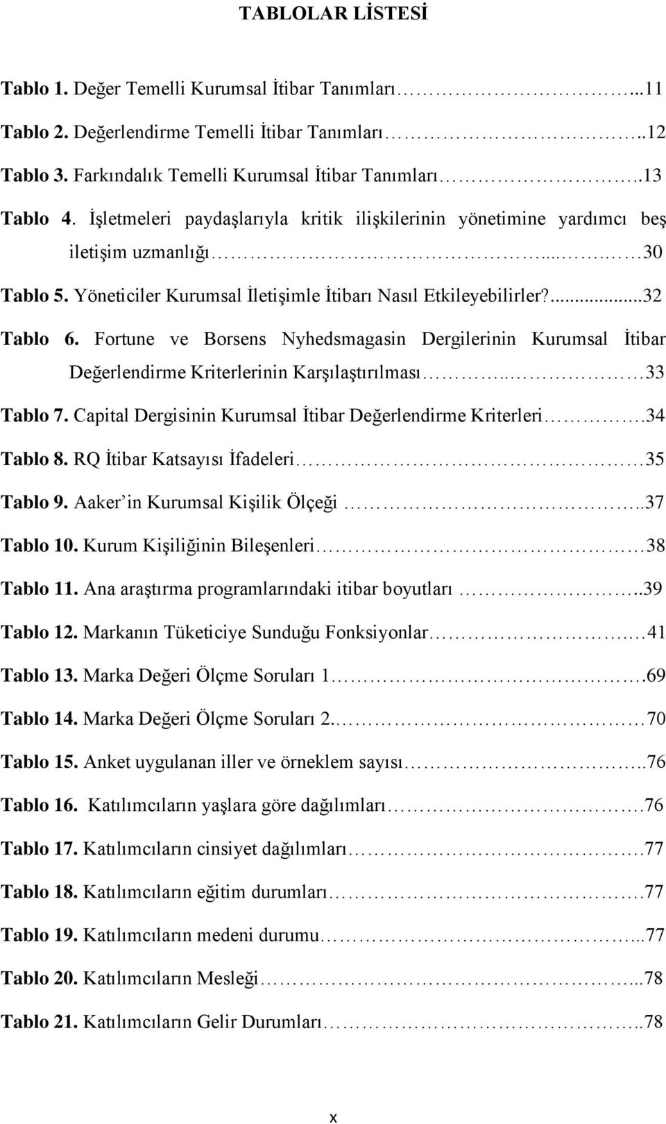 Fortune ve Borsens Nyhedsmagasin Dergilerinin Kurumsal Ġtibar Değerlendirme Kriterlerinin KarĢılaĢtırılması.. 33 Tablo 7. Capital Dergisinin Kurumsal Ġtibar Değerlendirme Kriterleri.34 Tablo 8.