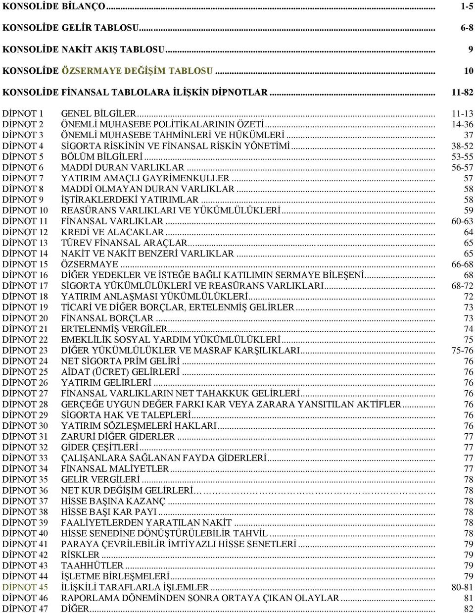 .. 37 DİPNOT 4 SİGORTA RİSKİNİN VE FİNANSAL RİSKİN YÖNETİMİ... 38-52 DİPNOT 5 BÖLÜM BİLGİLERİ... 53-55 DİPNOT 6 MADDİ DURAN VARLIKLAR... 56-57 DİPNOT 7 YATIRIM AMAÇLI GAYRİMENKULLER.