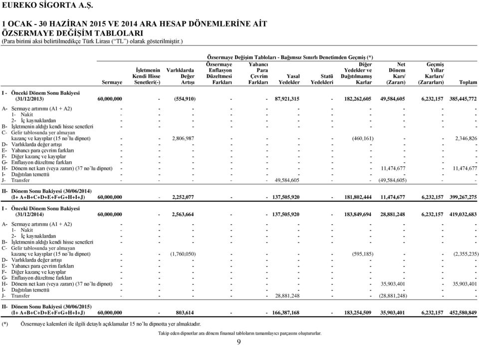 Yedekleri Karlar (Zararı) (Zararları) Toplam Önceki Dönem Sonu Bakiyesi (31/12/2013) 60,000,000 - (554,910) - - 87,921,315-182,262,605 49,584,605 6,232,157 385,445,772 A- Sermaye artırımı (A1 + A2) -