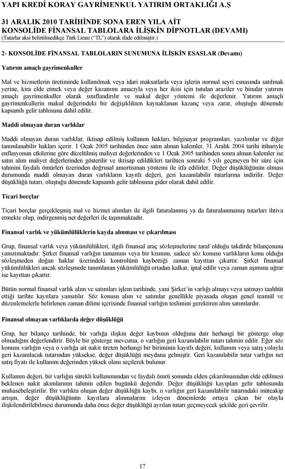 değerlenir. Yatırım amaçlı gayrimenkullerin makul değerindeki bir değişiklikten kaynaklanan kazanç veya zarar, oluştuğu dönemde kapsamlı gelir tablosuna dahil edilir.