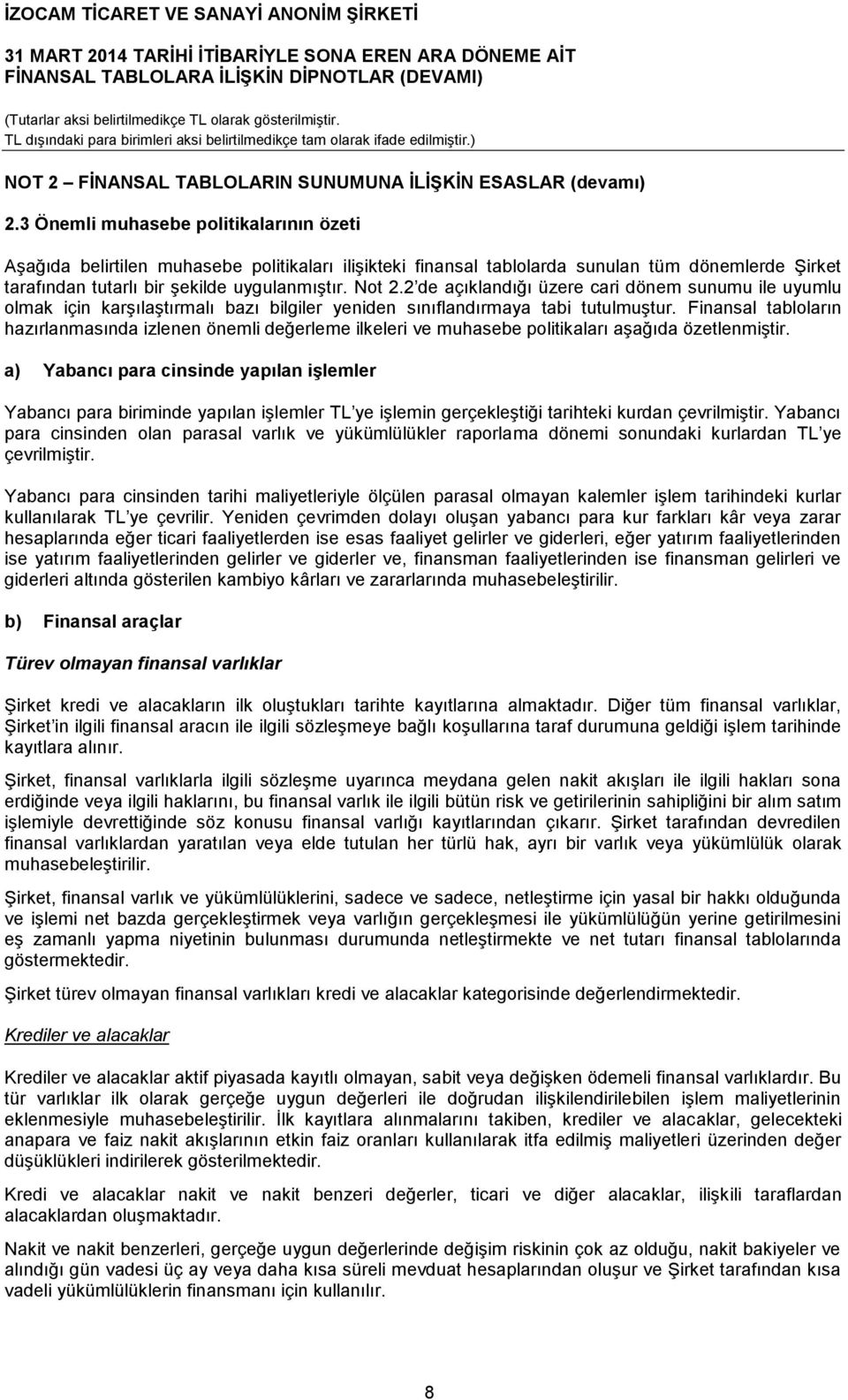 2 de açıklandığı üzere cari dönem sunumu ile uyumlu olmak için karşılaştırmalı bazı bilgiler yeniden sınıflandırmaya tabi tutulmuştur.