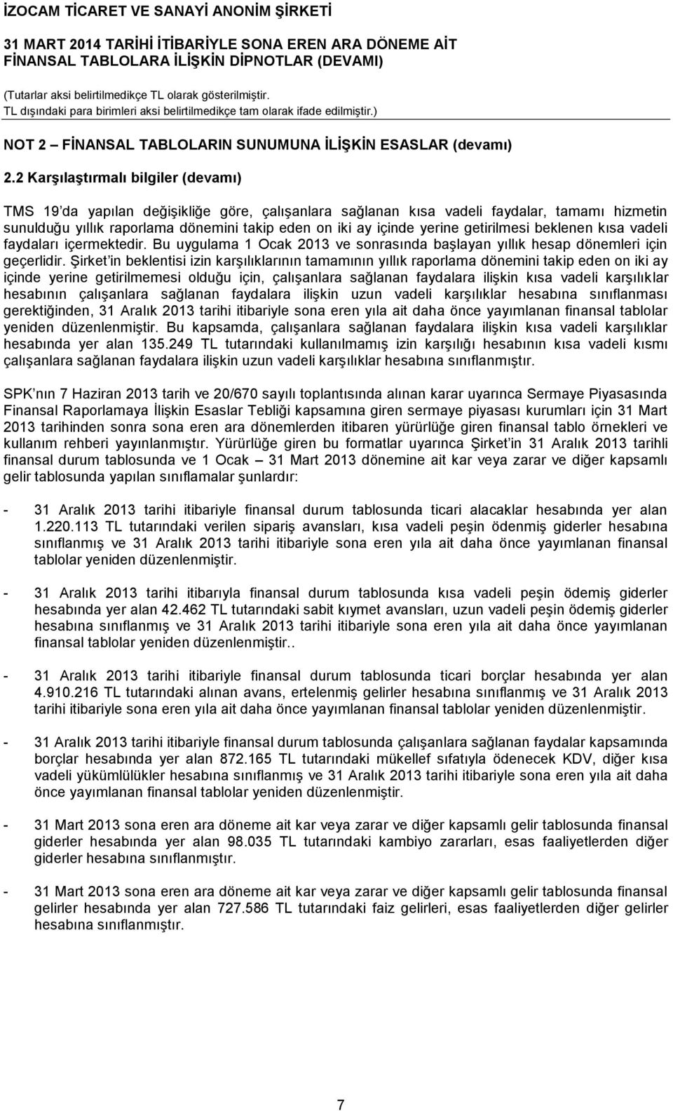 yerine getirilmesi beklenen kısa vadeli faydaları içermektedir. Bu uygulama 1 Ocak 2013 ve sonrasında başlayan yıllık hesap dönemleri için geçerlidir.