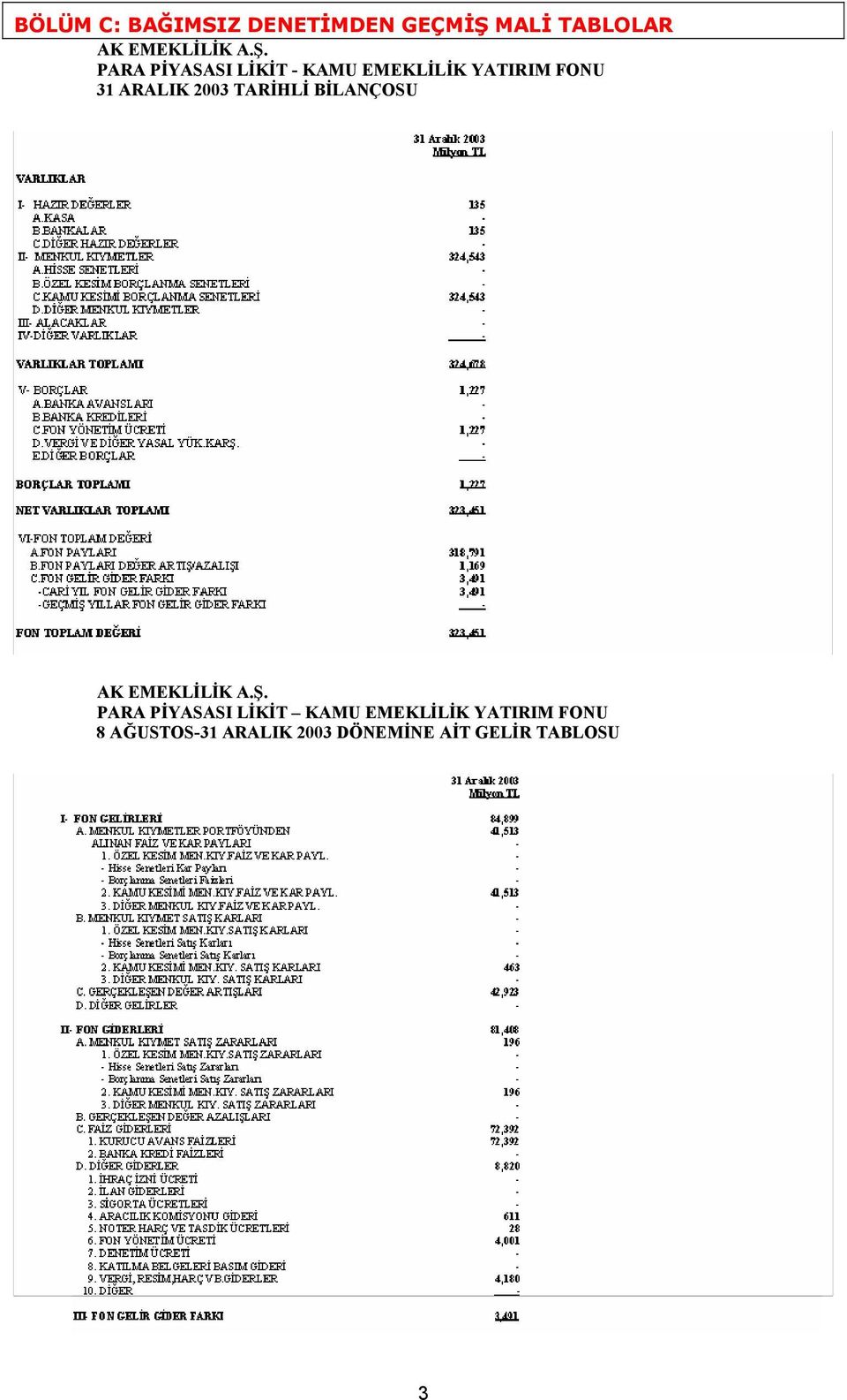 PARA PİYASASI LİKİT - KAMU EMEKLİLİK YATIRIM FONU 31 ARALIK 2003