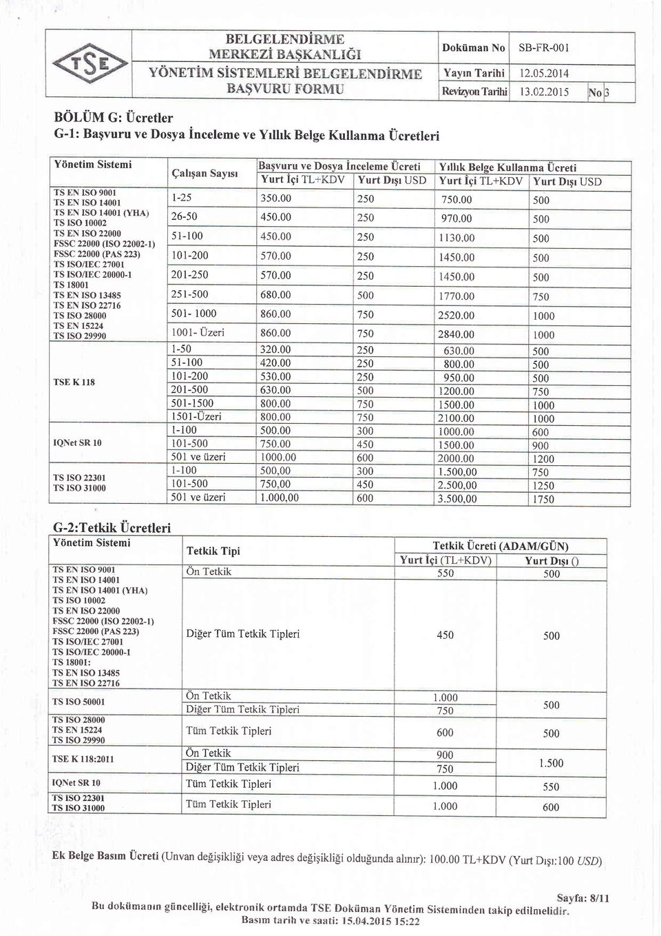 18001 TS EN ISO 13485 TS EN ISO 22716 TS rso 28000 TS EN 15224 TS ISO 29990 TSE K II8 IQNet SR l0 TS ISO 22301 TS rso 31000 Qahgan Sayrsl Basvuru ve Dosya Inceleme Ucreti Yrlhk Ilelge Kullanma Ucreti