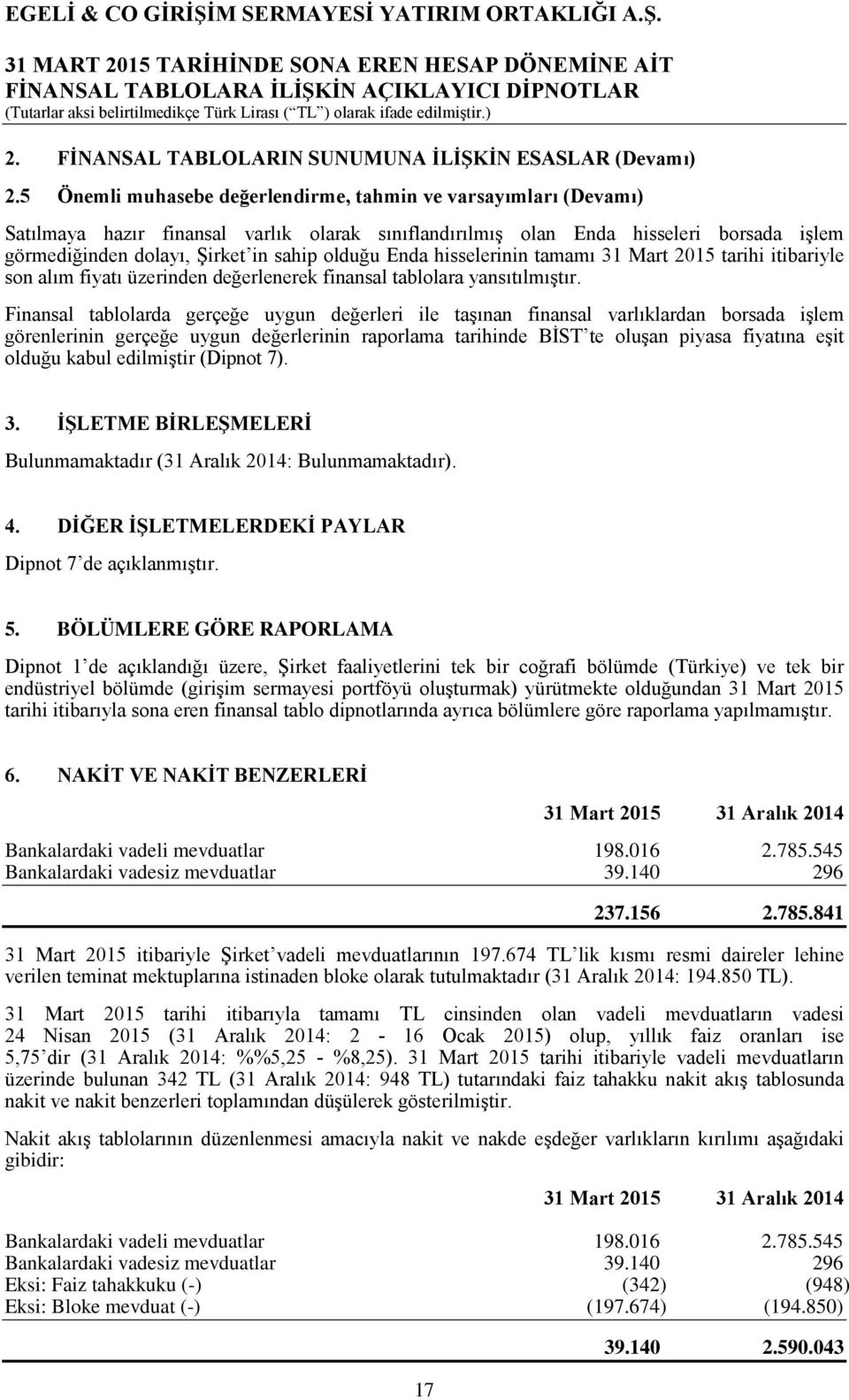 Enda hisselerinin tamamı 31 Mart 2015 tarihi itibariyle son alım fiyatı üzerinden değerlenerek finansal tablolara yansıtılmıştır.