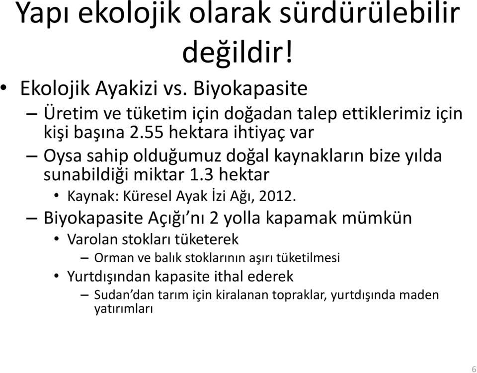 55 hektara ihtiyaç var Oysa sahip olduğumuz doğal kaynakların bize yılda sunabildiği miktar 1.