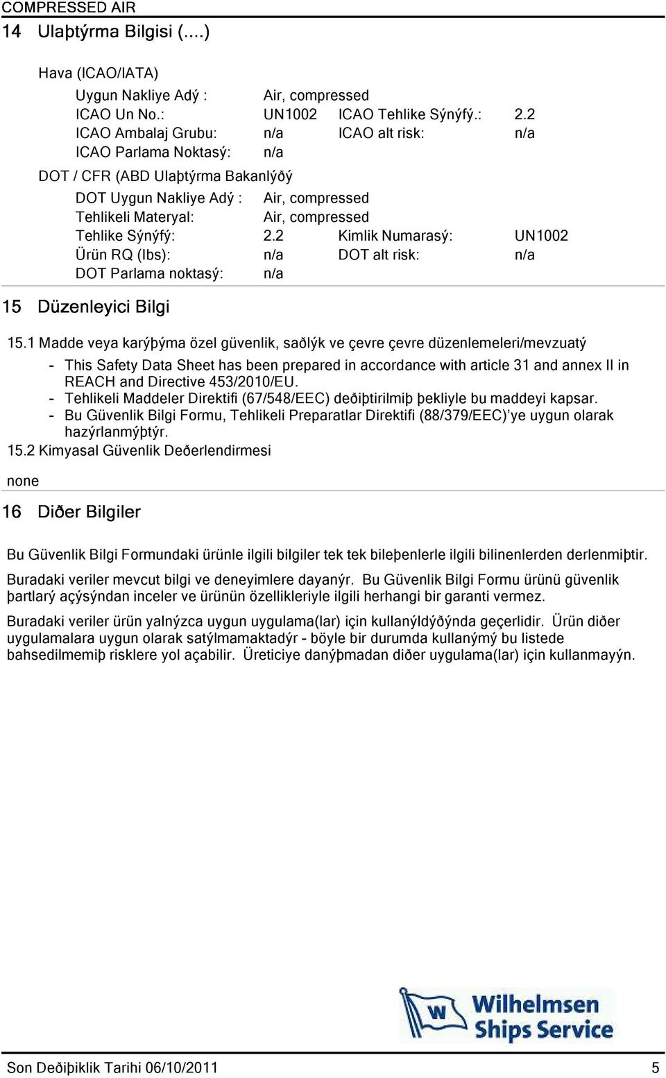 2 Kimlik Numarasý: UN1002 Ürün RQ (Ibs): n/a DOT alt risk: n/a DOT Parlama noktasý: n/a 15.